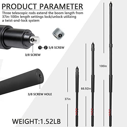 Handheld Boom Pole for Shotgun Mic, 3-Section Extendable Microphone Arm | Filming with 3/8" and 5/8" Threads, 3ft to 8.3ft Adjustable Length, Portable