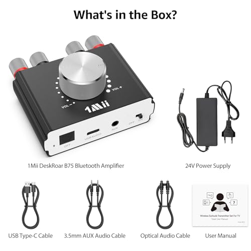 1Mii DeskRoar B75 Mini Bluetooth 6.0 Amplifier, 2.0 Channel 50W×2 HiFi Amp | USB/Optical/AUX IN, Home Audio Digital Stereo Receiver for TV/PC/Bookshelf/Desktop Speakers, 24V Power Supply