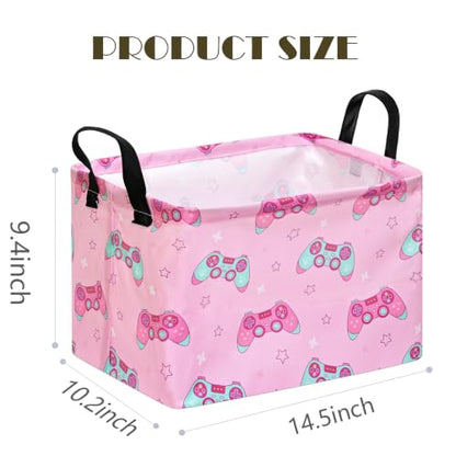 MAIZMZ Girls Storage Basket,Pink Controller Print Kids Hamper,Waterproof Lining, Leather Handles, Collapsible for Gamer Girls, Toys, Clothes, Gift Basket - color: Pink Handle