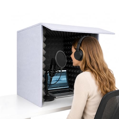 Portable Vocal Booth, 28 Inch Desktop Sound Isolation Recording Booth Box, Foldable Microphone Isolation Shield with 2 Inch Acoustic Foam for Podcast, Voice Over, Singing, Studio (Grey)