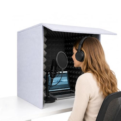 Portable Vocal Booth, 28 Inch Desktop Sound Isolation Recording Booth Box, Foldable Microphone Isolation Shield with 2 Inch Acoustic Foam for Podcast, Voice Over, Singing, Studio (Grey)
