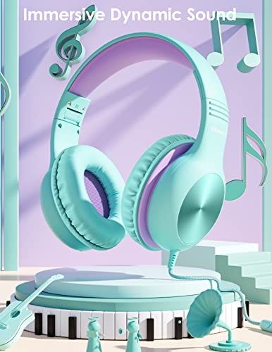 Nabevi Kids Headphones with Microphone, Over-Ear Headphones for Kids with Sharing Function, 85dB/94dB Safe Volume Limit, Wired Headphone for Children, Kid Headset for School, Tablet, Travel, Green - color: Green