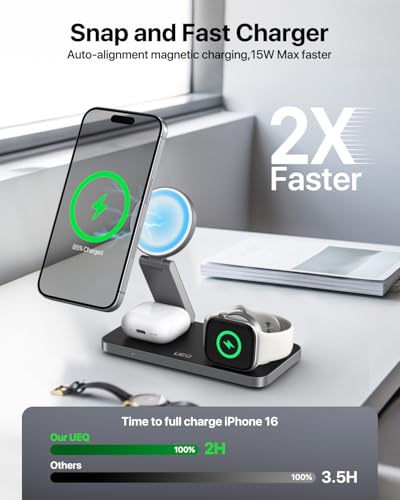 UEQ Foldable 3 in 1 Wireless Charging Station for Apple Compatible with Magsafe Charger Stand,Magnetic Wireless Charger Station for iPhone 17 Air16 15 14 13 12 Series,Airpods Pro,Apple Watch(Black) - color: Black