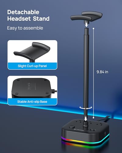 TROND Headphone Stand with USB C, Desk Gaming Headset Holder with 3 AC Outlets, 2 USB-A and 1 USB-C, Headset Stand with 5 RGB Light Modes, for Gaming Desk Accessories Gamer Boyfriend Gifts | 2 USB A and 1 USB C, Headset Stand with 5 RGB Light Modes, for G