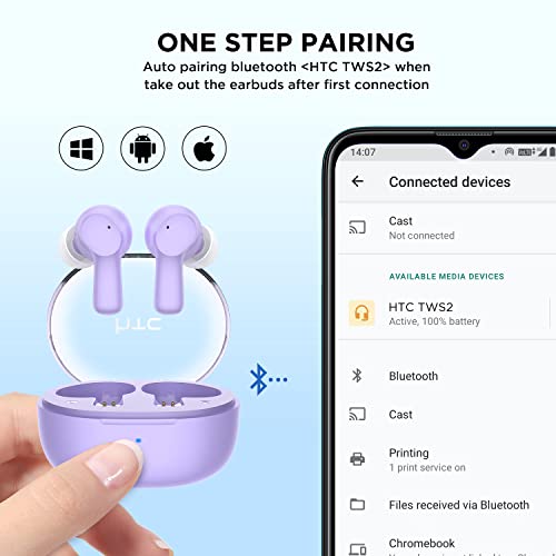 HTC True Wireless Earbuds 1 Bluetooth 5.3 Earphones, in-Ear Headphone ENC Noise Cancellation with Transparent Charging Case, 32-Hour Playtime/Built-in Mic/Touch Control -Crystal Purple - color: Purple