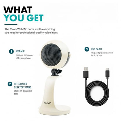 Movo WebMic USB Dictation Microphone in White – Cardioid for Vibe Coding - color: Pearl White