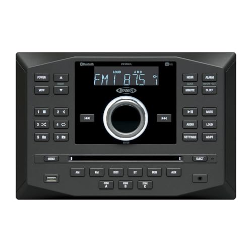 Jensen JWM62A AM|FM|DVD|CD|USB|AUX|App Ready Bluetooth Wallmount Stereo w/ App Control, 3-Speaker Zones / 8 Speaker Output 8X 6 Watt, Receives Bluetooth Audio (A2DP) & Controls (AVRCP) from Devices
