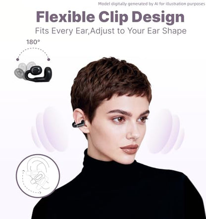 Hmusic A24 TWS AI ENC Clip-on Earbuds, Open Ear Bluetooth 6.0 Earphones | IPX5, Comfort Open-ring Design Headphones, Touch Control Wireless Earphones for Glass Wear, Office, Fitness, Workouts