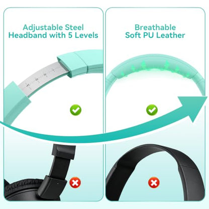 KVIDIO Wired Headphones with Mic, Volume & Playback Control, Over-Ear Foldable Headphones, USB-C Plug, 90° Swivel Ear Cups, 4.9ft Tangle-Free Cord for Tablet, Laptop, PC, School, Travel (Mint Green) | Foldable Plug in Headphones with Volume Control for Te