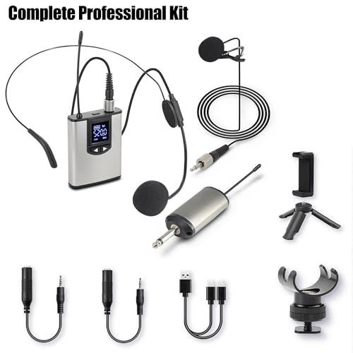 Wireless Lapel Microphone, UHF Lavalier Microphone System, Clip-on Lapel Mic with Bodypack Transmitter, Headset Mic, Receiver for Vlogging, Singing, 1/4" Output