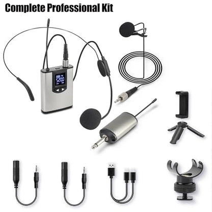 Wireless Lapel Microphone, UHF Lavalier Microphone System, Clip-on Lapel Mic with Bodypack Transmitter, Headset Mic, Receiver for Vlogging, Singing, 1/4" Output