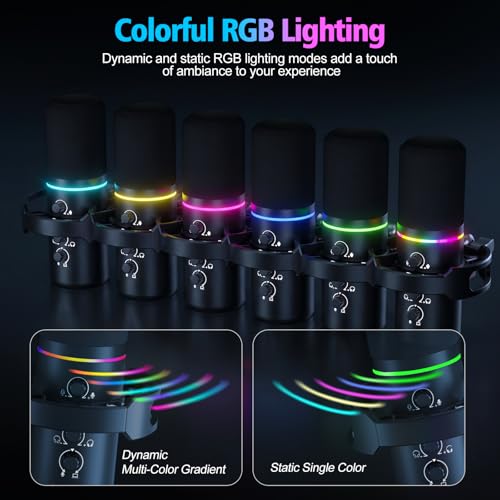 XLR/USB Gaming Microphone with Boom Arm for Streaming | Dynamic Microphone with One-Touch Mute, Gain Control, Headphone Jack, RGB Lighting for Podcast, Recording Vocal