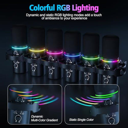 XLR/USB Gaming Microphone with Boom Arm for Streaming | Dynamic Microphone with One-Touch Mute, Gain Control, Headphone Jack, RGB Lighting for Podcast, Recording Vocal