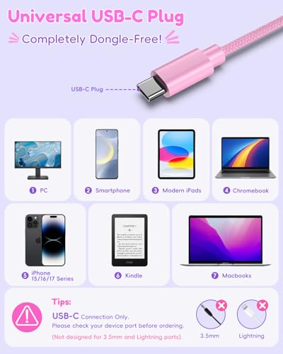 Candy Bila USB C Kids Headphones with Mic, Wired Over-Ear for Boys Girls | 85/94dB Safe Volume, HD Mic Stereo Sound, Foldable Design for School Travel,Compatible USB-C iPads,Tablets, Gradient Pink - color: Gradient Pink