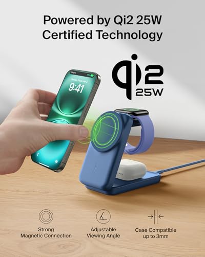 Belkin Qi2.2 25W Wireless 3 in 1 Foldable Fast Charging Station for iPhone | Fast Charigng, MagSafe Compatible, iPhone 17/16/15, Apple Watch, AirPods, Travel Charger, Magnetic - color: Blue