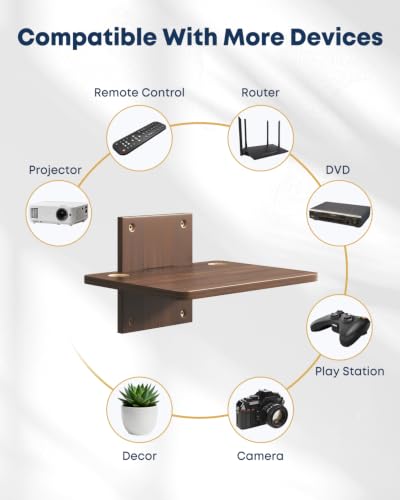 Floating TV Projector Shelf Wall Mount - 1 Tier Wooden Shelf, Walnut Brown | Home Decor, Cable Management, DVD Player, Router, Game Console, Cable Box, Play Station, Holds Up to 22lbs per Shelf - size: 1-Tier Shelf