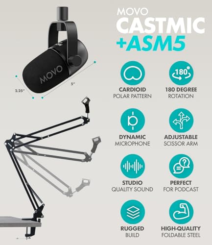 Movo Podcasting Equipment Bundle - Phantom USB Audio Interface, 2 CastMic XLR Dynamic Microphones, 2 Boom Arms and Headphones - Complete Studio Setup for Professional Podcasting and Streaming - style: with 2 Microphones, Boom Arms, Headphones