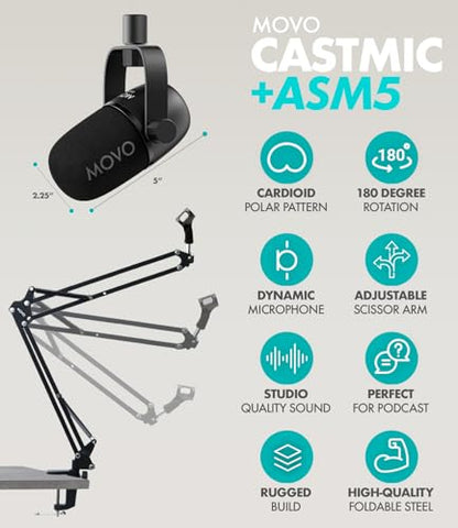 Movo Podcasting Equipment Bundle - Phantom USB Audio Interface, 2 CastMic XLR Dynamic Microphones, 2 Boom Arms and Headphones - Complete Studio Setup for Professional Podcasting and Streaming - style: with 2 Microphones, Boom Arms, Headphones