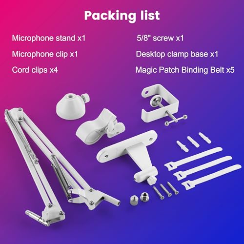 White Mic Wall Mount and Microphone Boom Arm Desktop Clamp Stand compatible with Shure FIFINE Blue Yeti,Razer,HyperX Mic Kit for Broadcasting, Podcasts,Streaming and Gaming
