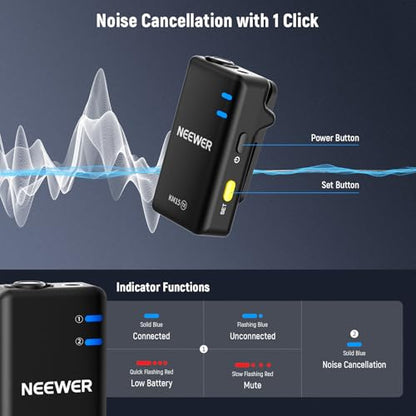 NEEWER KM15 Wireless Lavalier Microphone System Compatible with iPhone Android Phone PC Computer, Mini USB C Noise Cancelling Lapel Mic, 300m Range 48KHz/24Bit 9H Battery for Video Recording Streaming