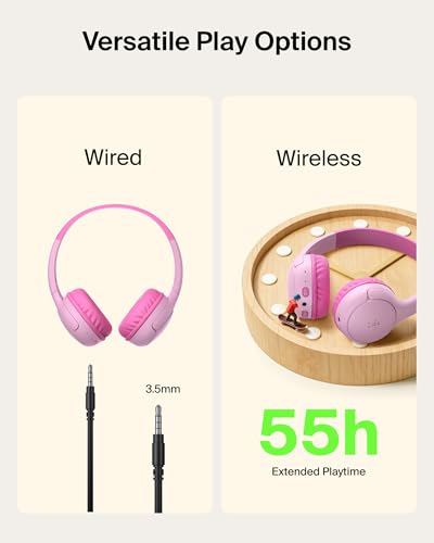 Belkin SoundForm Mini 2 Bluetooth Kids Headphones, On Ear, 55H Battery Life | Toddler headphones, 85dB Volume Limit, Built-in Mic, Wired Connection Option, iPad, Android Tablet, School, Travel - color: Pink