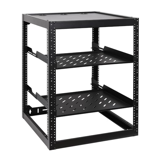 RackPath 16U Open Frame Network Rack with 2X 14in Vented 1U Shelves Rear Support, Wall Mount/Floor Standing Network Cabinet, Heavy Duty 150 lbs Capacity for IT & AV Gear, Audio and Video Device - size: 16U