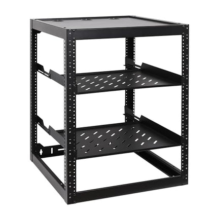 RackPath 16U Open Frame Network Rack with 2X 14in Vented 1U Shelves Rear Support, Wall Mount/Floor Standing Network Cabinet, Heavy Duty 150 lbs Capacity for IT & AV Gear, Audio and Video Device - size: 16U