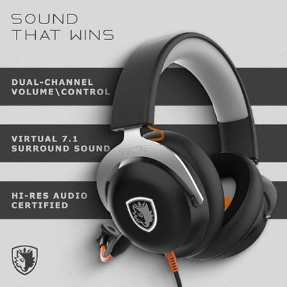Sades Spectre V7.1 USB Gaming Headset with Virtual Surround Sound, Hi-Res Audio, Noise-Reducing Detachable Microphone, Dual Channel Volume Control, PC Gaming Headphones.