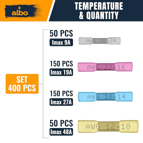 ALBO 400 Pcs Heat Shrink Butt Connectors for 26-10 AWG Electrical Wire | Strong Crimped Splices, Heat-Activated Seal Helps Block Moisture and Prevent Wire Pullout - color: Butt 400Pcs Set 26-10 AWG