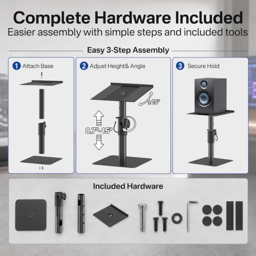 Studio Monitor Stands Pair, Height Adjustable Desktop Speaker Stands for Yamaha, PreSonus, JBL & KRK Monitors, Heavy Duty Steel Construction with Locking System, Anti-Wobble Design & Cable Management