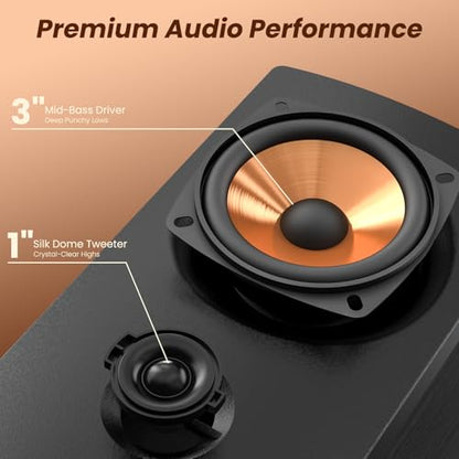 BESTISAN Active Bookshelf Speakers, 50W BT Home Speakers, 3’’ Woofer, 1’’ Silk Dome Tweeter PC Speakers, RCA Speakers for Desktop/Turntable/TV, Bass & Treble Adjustable, Headphone Port for Gaming