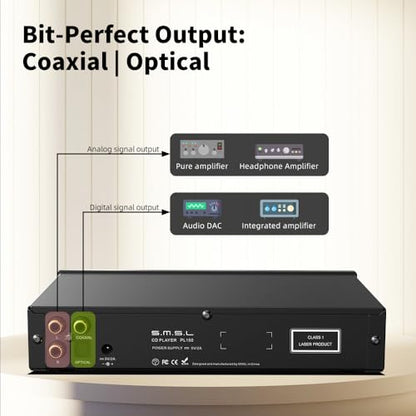 SMSL PL150 CD Player High Power CS43198 D/A chip, Standard/MQA-CD/HDCD CDs, with RCA/3.5mm & 4.4mm Headphone/Optical/Coaxial Output, for Vehicle/Laptop/TV/PC, CD Player Amp with Remote Control (Black) - color: BLACK