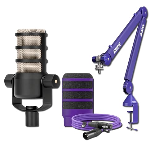 Rode PodMic Dynamic Broadcast Microphone with PSA1+ Microphone Boom Arm, WS14 Pop Filter, and Premium XLR Cable (Purple)