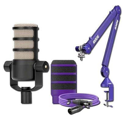 Rode PodMic Dynamic Broadcast Microphone with PSA1+ Microphone Boom Arm, WS14 Pop Filter, and Premium XLR Cable (Purple)