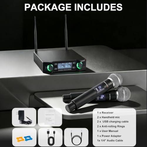 Wireless Microphones Systems for Karaoke Singing with 300 FT Reception | 2.4GHz, Rechargeable Professional Wireless Handheld Microphones with Receiver for Karaoke DJ Church Party Speaking Classroom