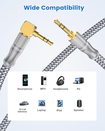 AUX Cable for Car 3ft/1M, 90 Degree AUX Cord,Right Angle 3.5mm Audio Cable Male to Male Auxiliary Cord Compatible with Stereos, Smartphones,Speaker, Tablets, Headphones and More - size: 3Feet/1M, style: Gold Plated 90 Degree AUX Cable