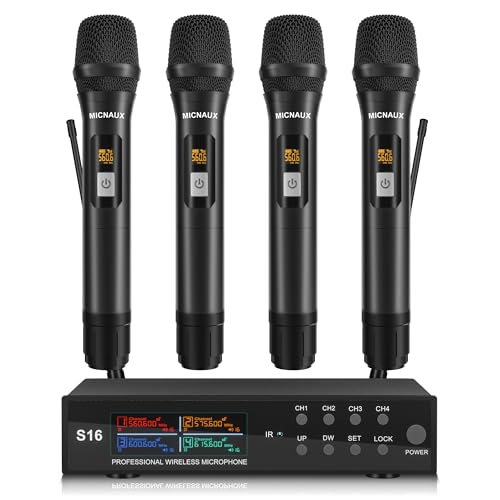 Wireless Microphone System, Pro 4 Channel UHF Mics Set with Metal Cordless Handheld Mics & Receiver, 200 Adjustable Frequency, 300ft Range for Singing, Church, Karaoke, Party - size: 4 Mics