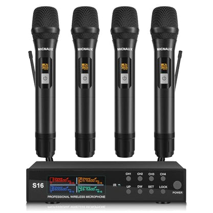 Wireless Microphone System, Pro 4 Channel UHF Mics Set with Metal Cordless Handheld Mics & Receiver, 200 Adjustable Frequency, 300ft Range for Singing, Church, Karaoke, Party - size: 4 Mics