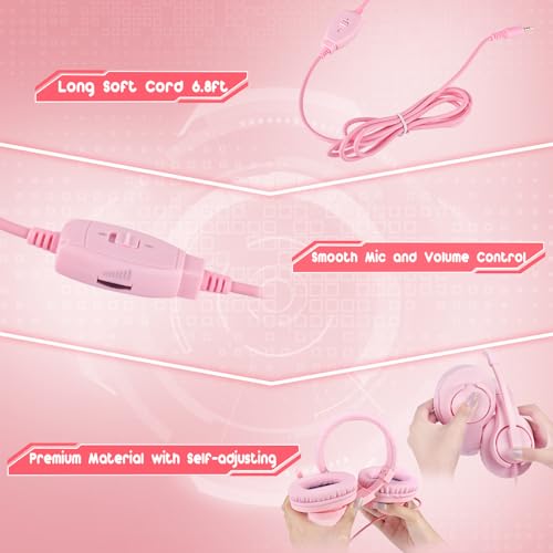 Gaming Headset for Xbox One, PS4, PS5, Nintendo Switch, Bass Surround and Noise Cancelling 3.5mm Over Ear Headphones with Mic for Laptop PC Smartphones, Pink