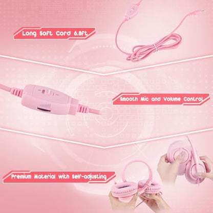 Gaming Headset for Xbox One, PS4, PS5, Nintendo Switch, Bass Surround and Noise Cancelling 3.5mm Over Ear Headphones with Mic for Laptop PC Smartphones, Pink