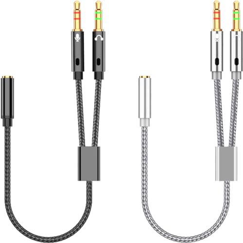 2-Pack Headphone Splitter for Computer 3.5mm Female to 2 Dual 3.5mm Male Headphone Mic Audio Adapter Y Splitter Cable Nylon Braided Cord Smartphone Headset to PC Adapter (Black,Silver)