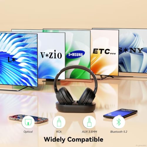 Wireless Headphones for TV, TV Headphones Wireless for Seniors with Easy Setup, Compatible with Most TVs, Charging Base, 65H Playtime, Low Latency Audio, TV Headset, Ideal for Dad, Mom