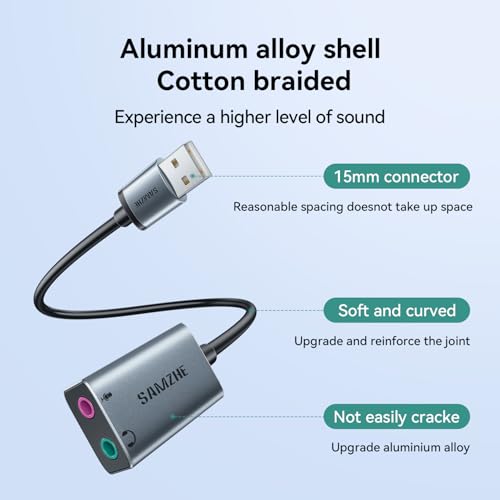 SAMZHE USB to Audio Jack Sound Card Adapter with Dual TRS 3-Pole 3.5mm Headphone and Microphone USB to Aux 3.5mm External Audio Converter for Windows, Mac, Linux PCs, Laptops, Desktops, PS5, Switch 2