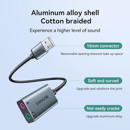 SAMZHE USB to Audio Jack Sound Card Adapter with Dual TRS 3-Pole 3.5mm Headphone and Microphone USB to Aux 3.5mm External Audio Converter for Windows, Mac, Linux PCs, Laptops, Desktops, PS5, Switch 2