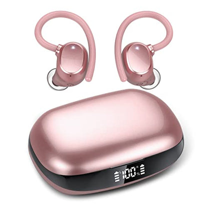 Wireless Earbuds for Small Ear, HiFi Stereo Sport Bluetooth 5.3 Headphones with Earhooks, 48H Deep Bass Running Ear Buds with LED Display, Noise Cancelling, IP7 Waterproof Built-in Mic for iOS Android - color: Rose Gold