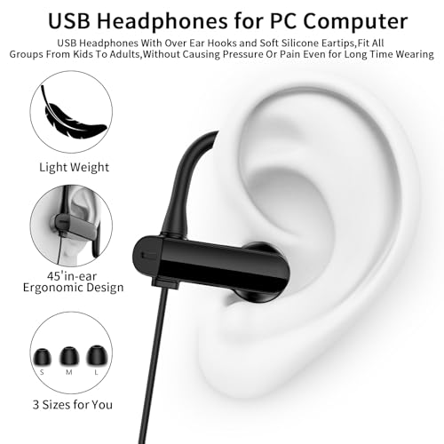 USB Headphones Over Ear Earbuds with Microphone for PC Computer | Noise Isolating In-Ear Stereo Computer Earbuds,Adjustable Ear Hook,Fit Gaming Zoom Office Work for HP/Dell Laptops-Black