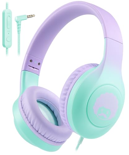 rockpapa 3.5mm Wired Headphones for Kids with Microphone, 85/94dB Limiter - color: Purple Teal