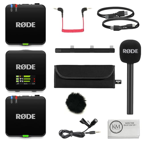 RØDE Wireless GO (Gen 3) 2-Person Compact Digital Wireless Microphone System/Recorder | 2.4 GHz, Black Bundle with GO Handheld Mic Adapter + Lavalier Microphone + Furry Windscreen + Cloth (5 Items) - color: Black
