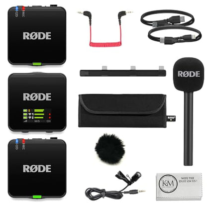 RØDE Wireless GO (Gen 3) 2-Person Compact Digital Wireless Microphone System/Recorder | 2.4 GHz, Black Bundle with GO Handheld Mic Adapter + Lavalier Microphone + Furry Windscreen + Cloth (5 Items) - color: Black