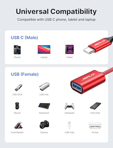 JSAUX USB C to USB 3.0 Adapter [2 Pack], USB C Male to USB Female OTG Cable Adapter Compatible with MacBook Pro/Air, iPhone 17 Pro Max/iPhone Air/16e/16/15 Series, Samsung Galaxy S25/S24/S23-Red - color: Red